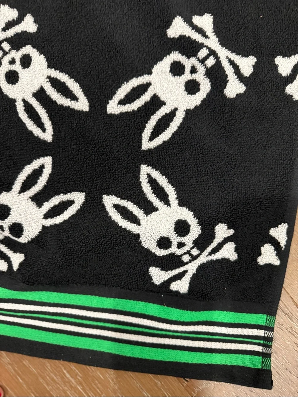 Psycho Bunny Black, White & Green Striped Knit Scarf with Logo Tag